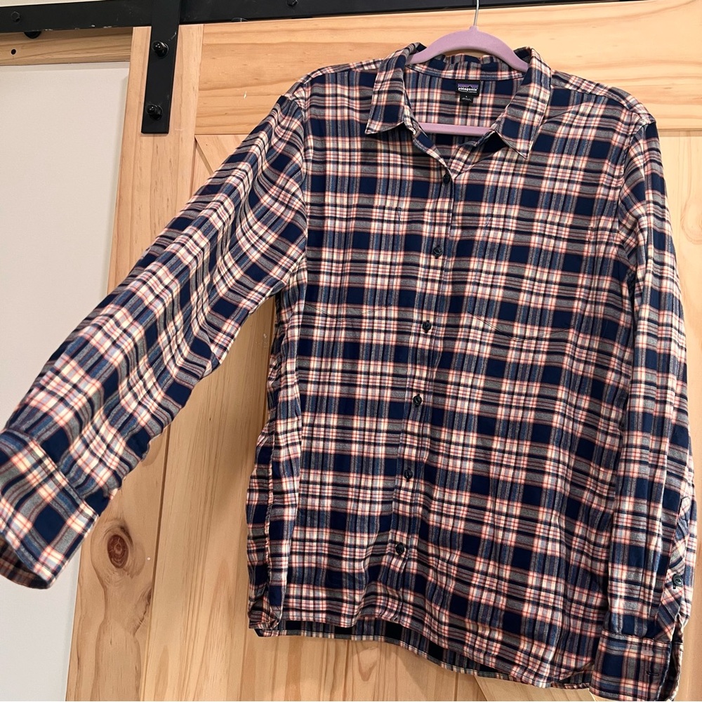 Orange and navy Patagonia flannel